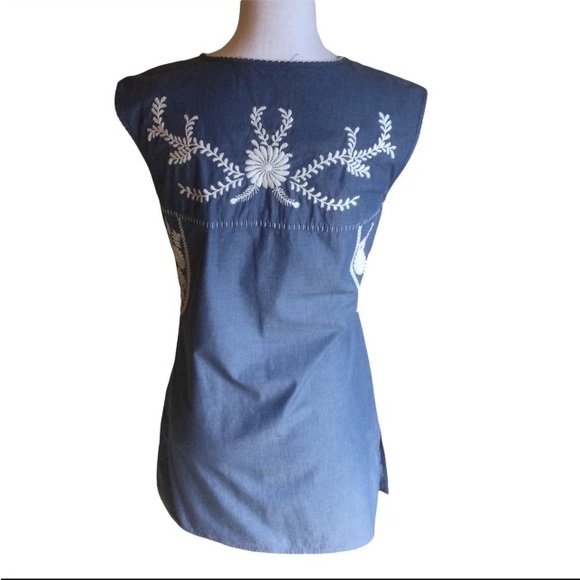 Tory Burch Chambray Floral Embroidery Mini Tunic Shift Dress - Picture 3 of 9